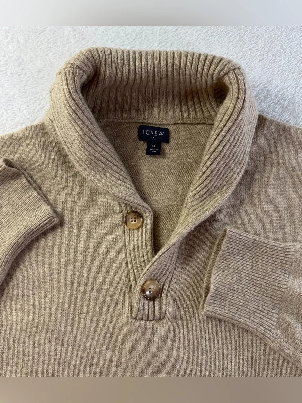 J.Crew XL Shawl Collar Lambswool Blend Sweater Tan Oatmeal Knit Mens